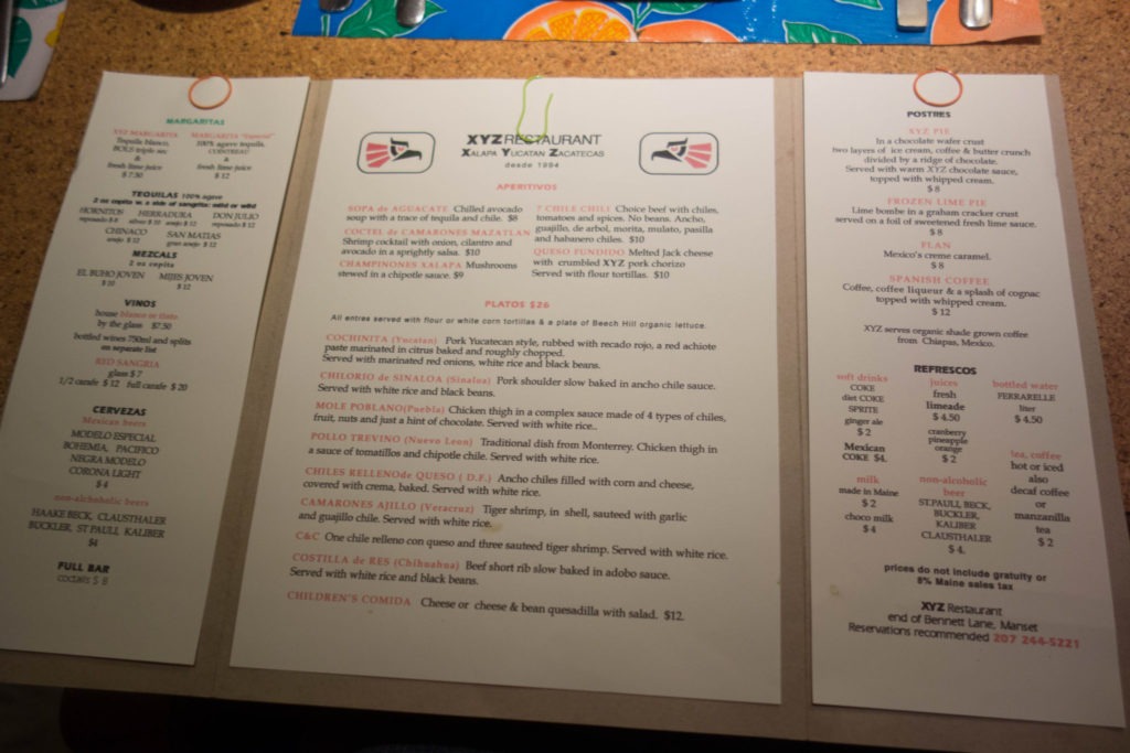 Acadia: XYZ Restaurant Menu in Southwest Harbor