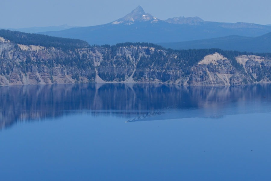 Crater Lake: Boat on Lake with Mt. Thielsen in background