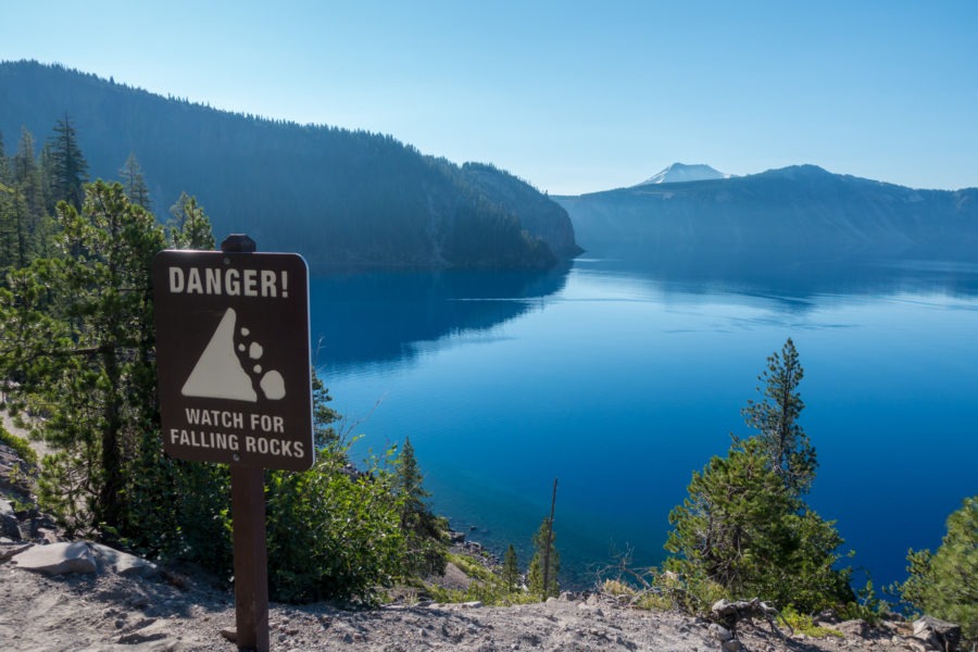 Crater Lake: Falling Rocks Warning Sign on Cleetwood Cove Trail