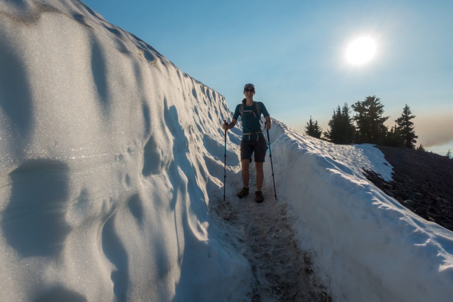 Crater Lake: Kristin Going Through the Snow on Watchman Peak Trail